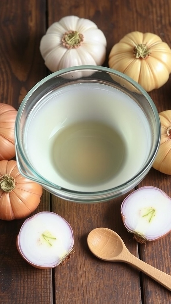 A bowl of onion water with whole onions on a wooden table.